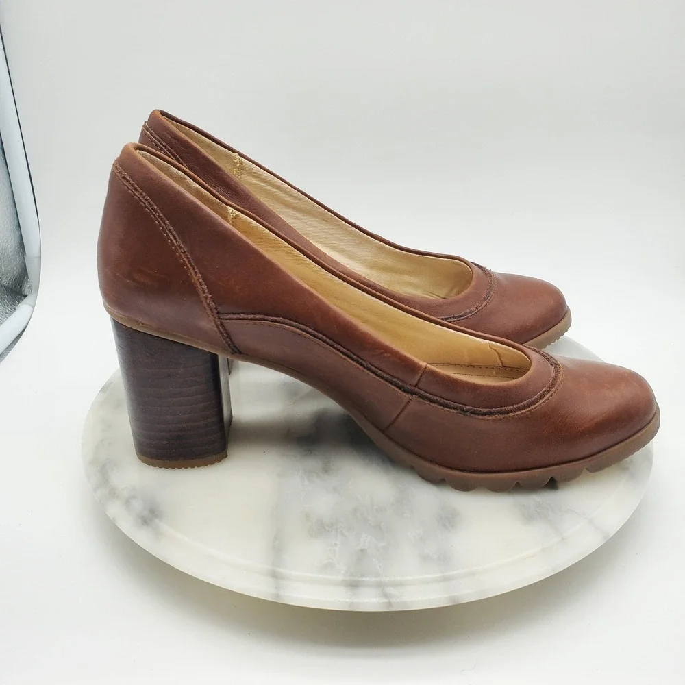 Hush Puppies‎ Spaniel Pump Dachshund Brown Leather Block Heel Comfort Shoes 8.5